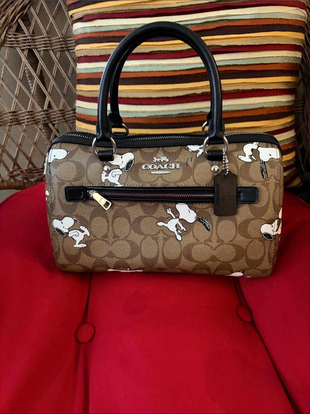 COACH Brown Signature x Snoopy Canvas Satchel with Black Handles